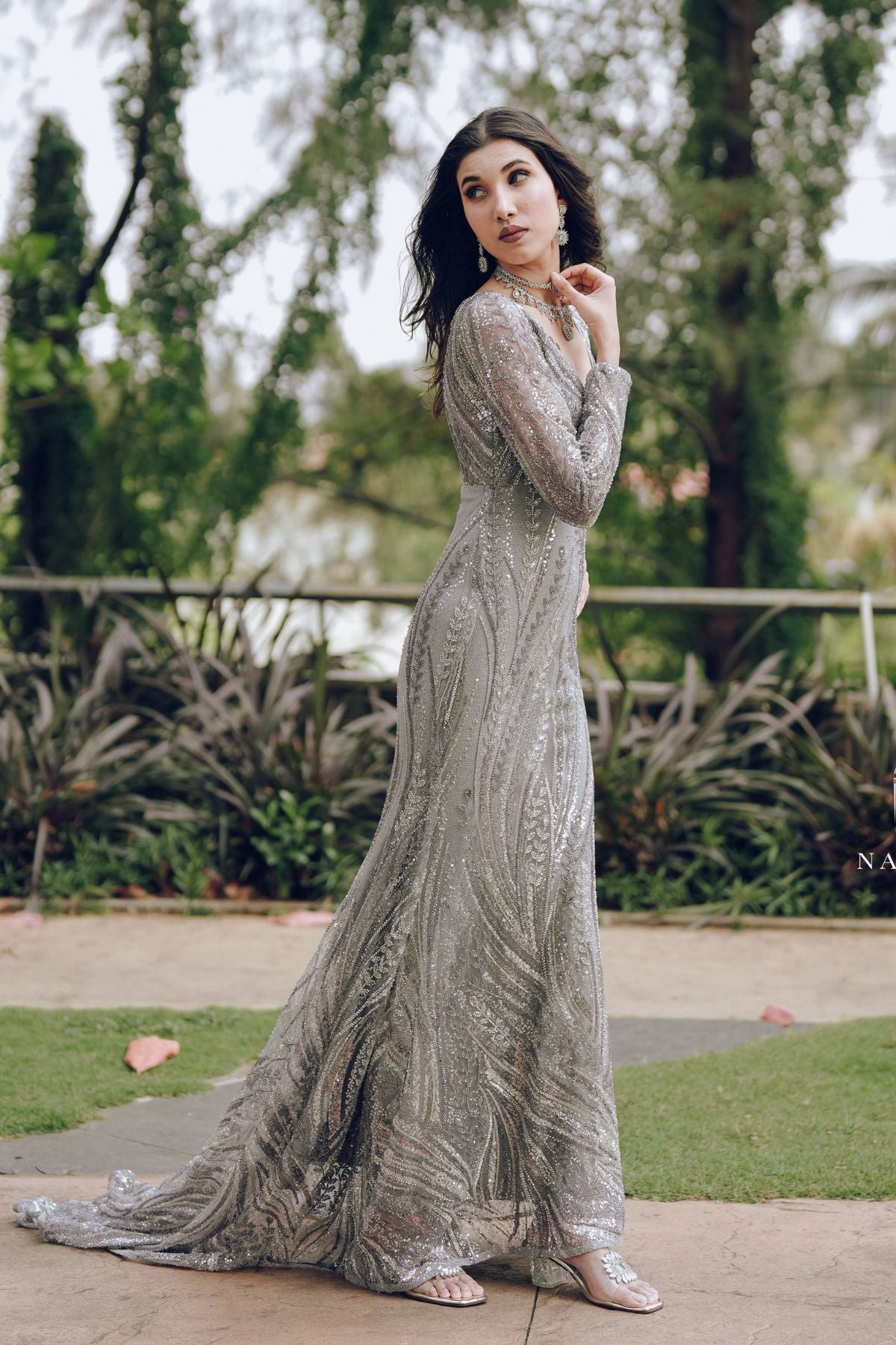 Silver Embellished Evening cocktail Gown