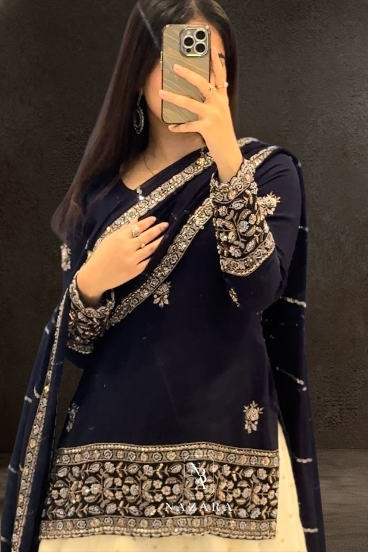 Navy Blue Embroidered Short Top with Off-White Velvet Buta Lehenga Set