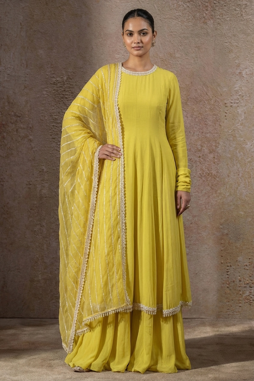 Light Yellow Green Anarkali & Palazzo Set