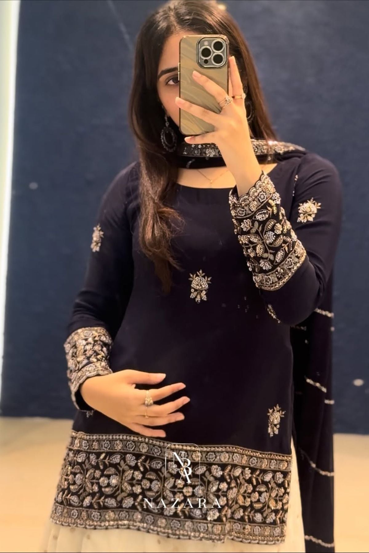 Navy Blue Embroidered Short Top with Off-White Velvet Buta Lehenga Set