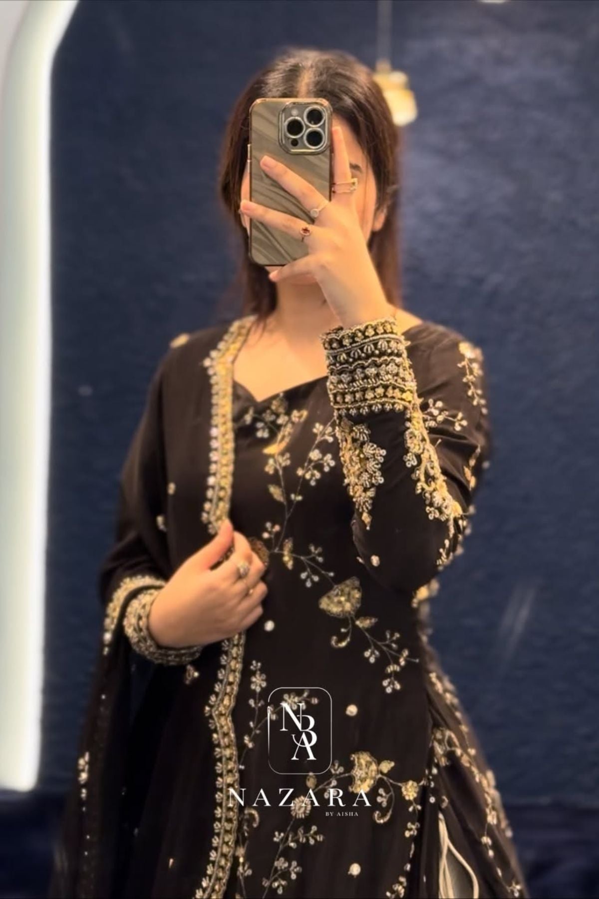 Black Embroidered Top with Grey Organza Silk Lehenga Set