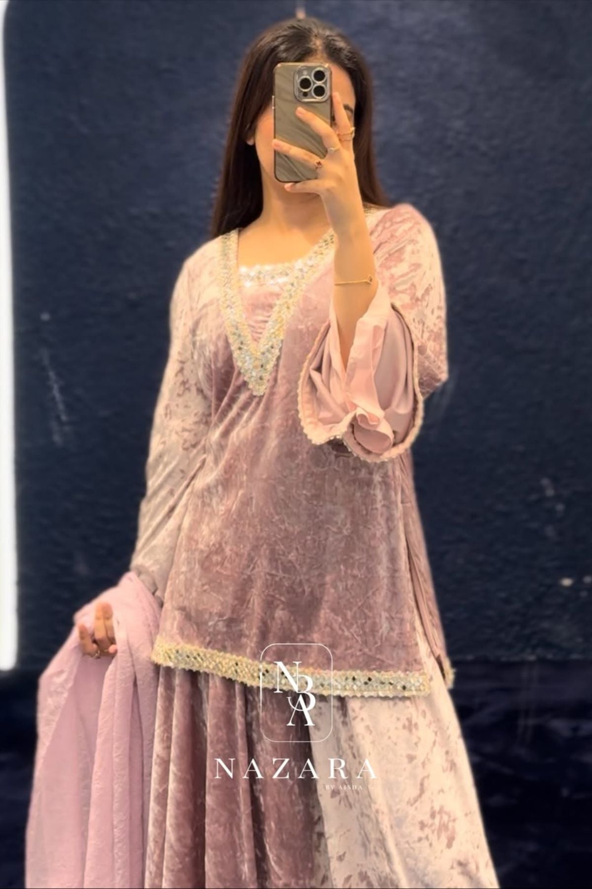 Velvet Short Top with Umbrella Palazzo & Organza Dupatta Set