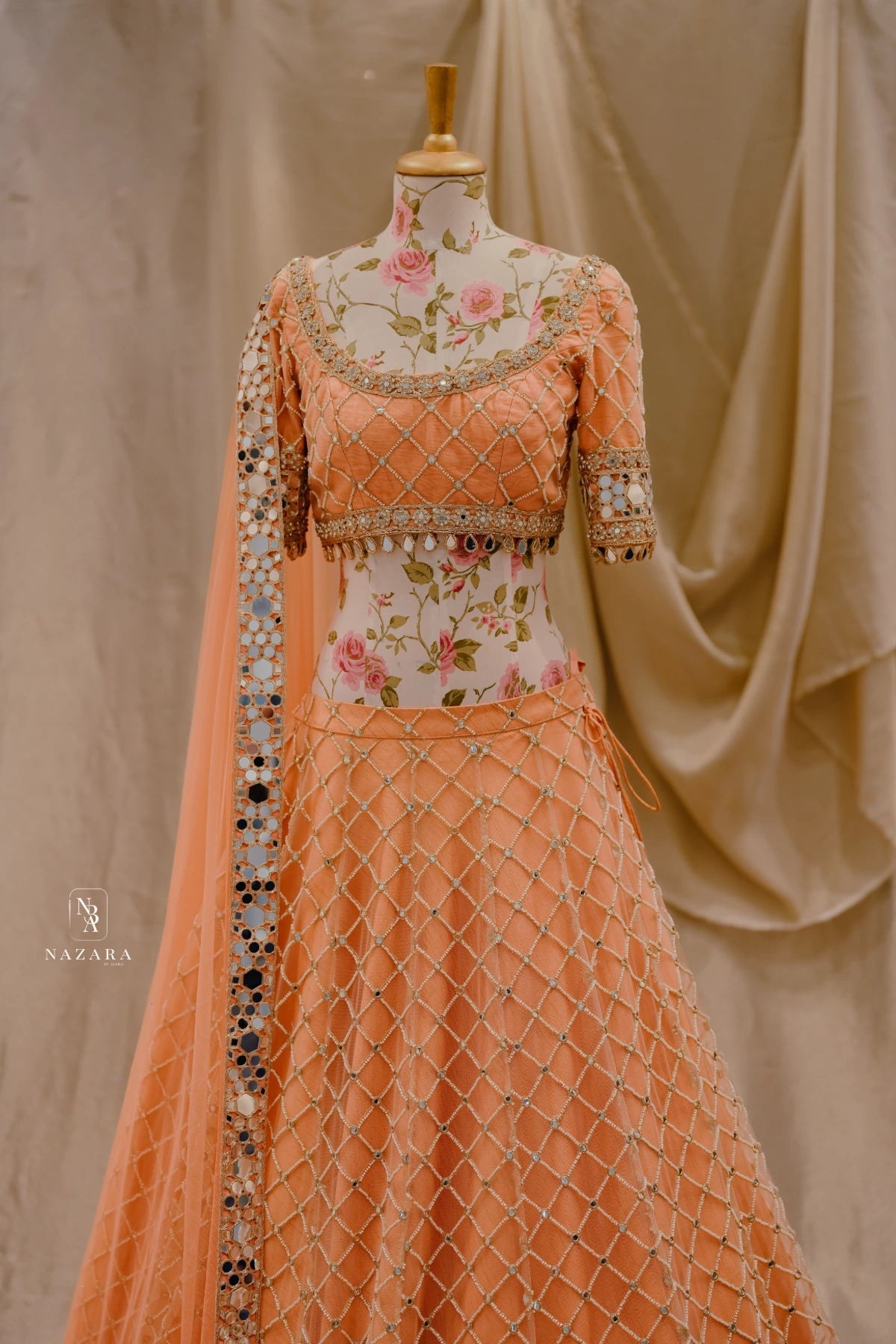 Peach Mirror Work Lehenga Set