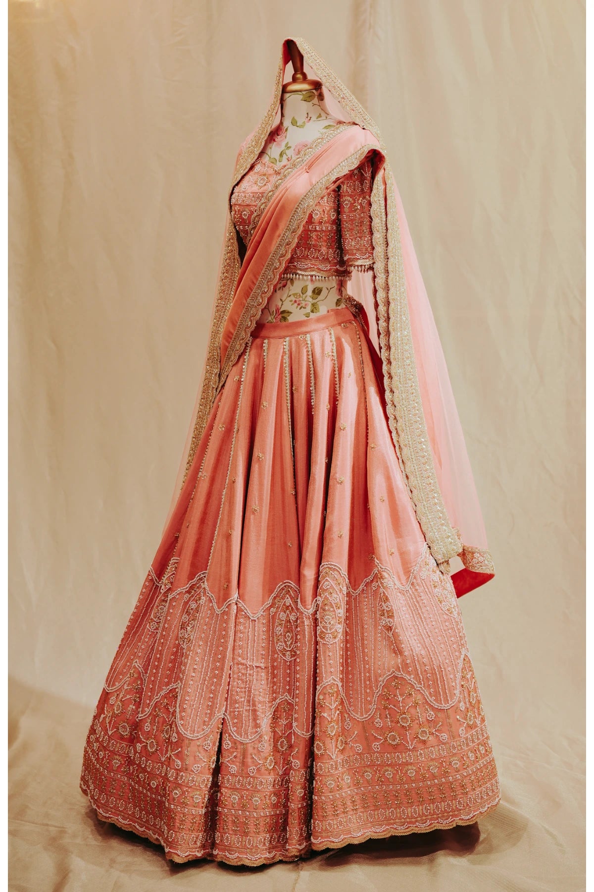 Peach Pink Tissue Silk Bridal Lehenga