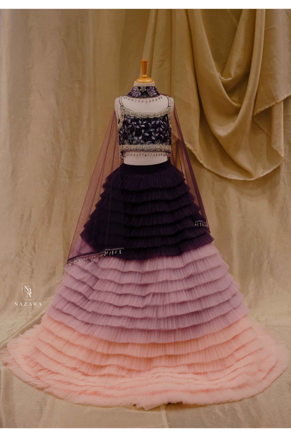 Purple Netted Frill Pleated Lehenga For Kids
