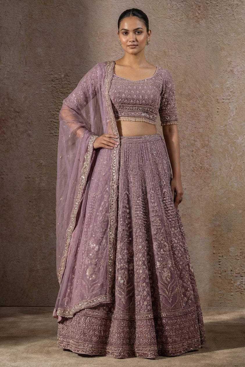 Lavender Hand-Embroidered Bridal Lehenga Set