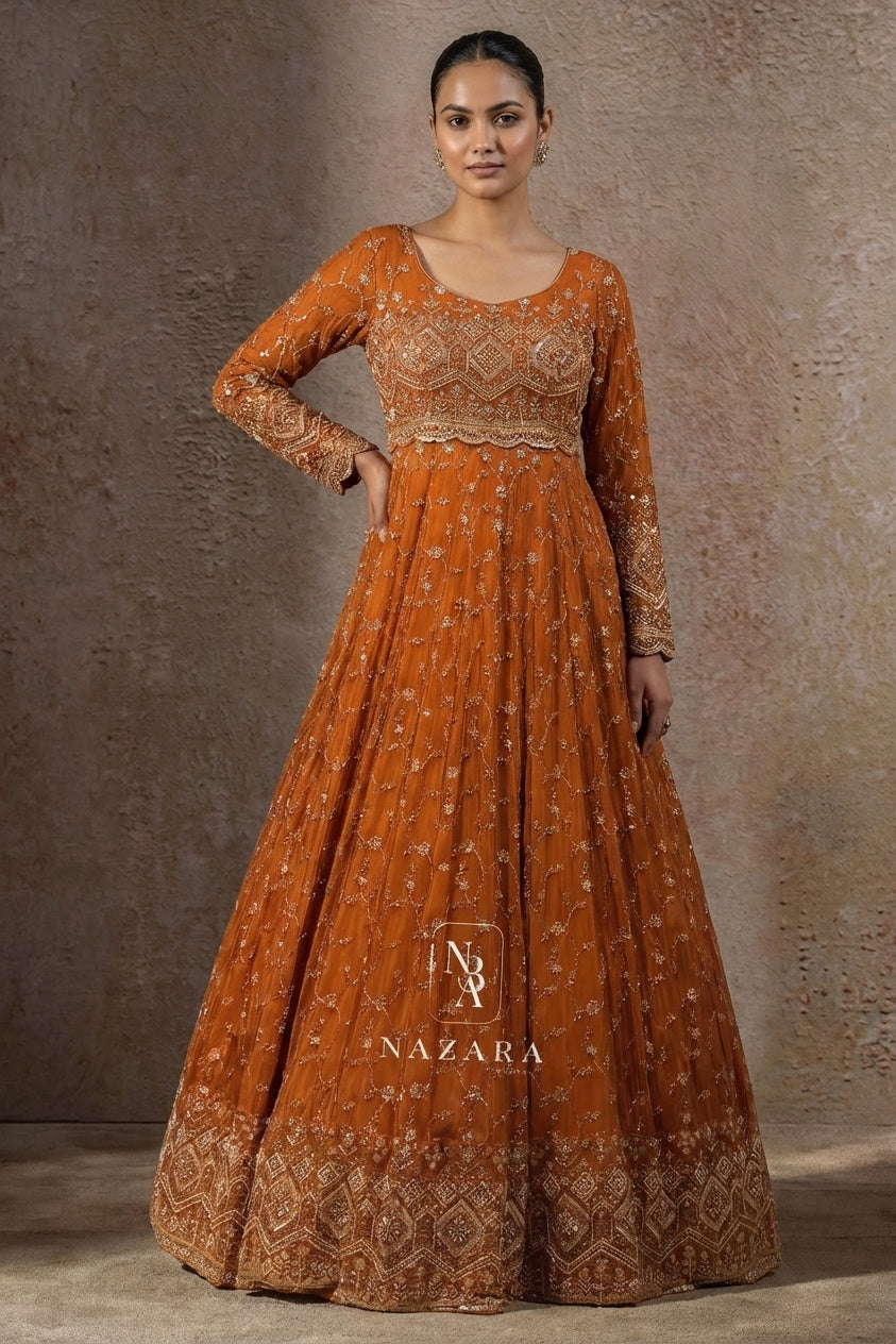 Noor-e-Mehndi – Luxury Brick Orange Embroidered Bridal Gown Set