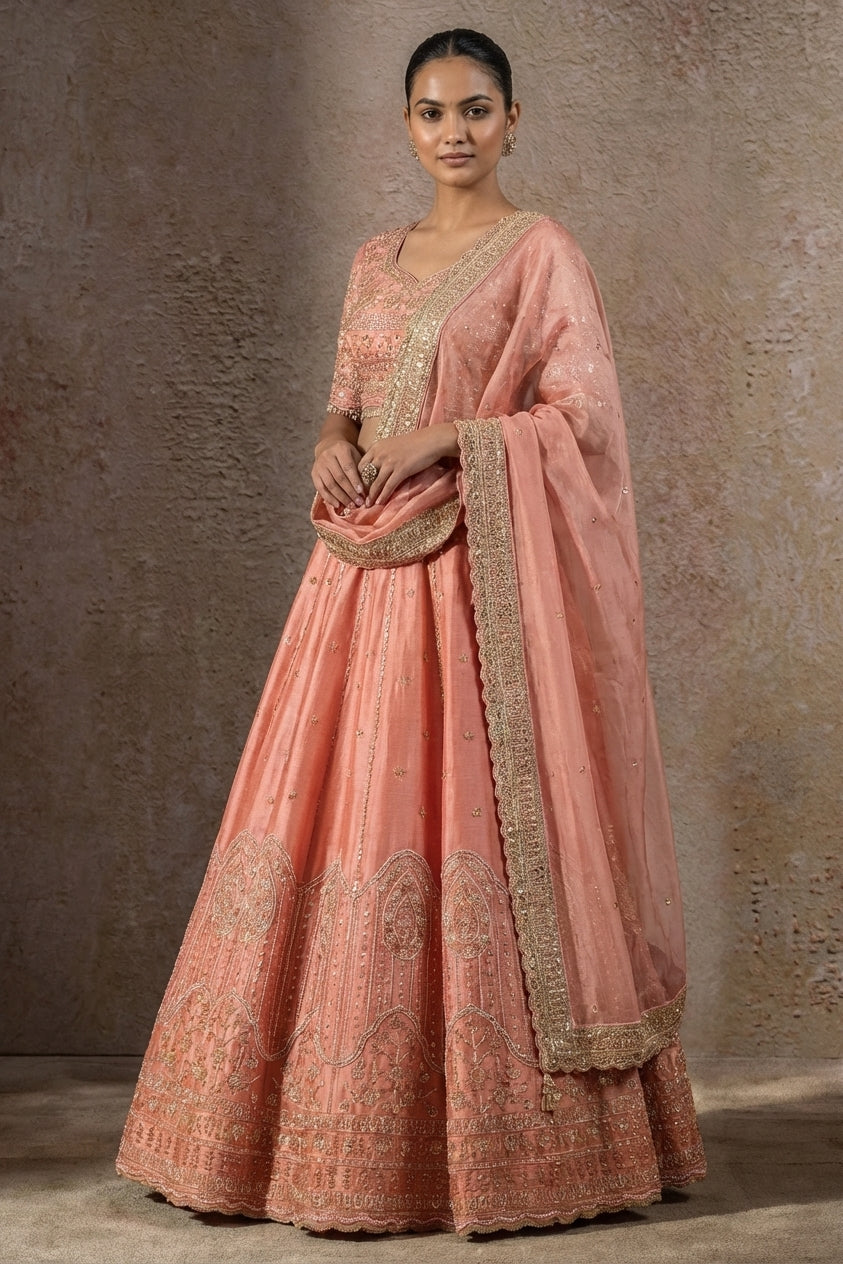 Peach Pink Tissue Silk Bridal Lehenga