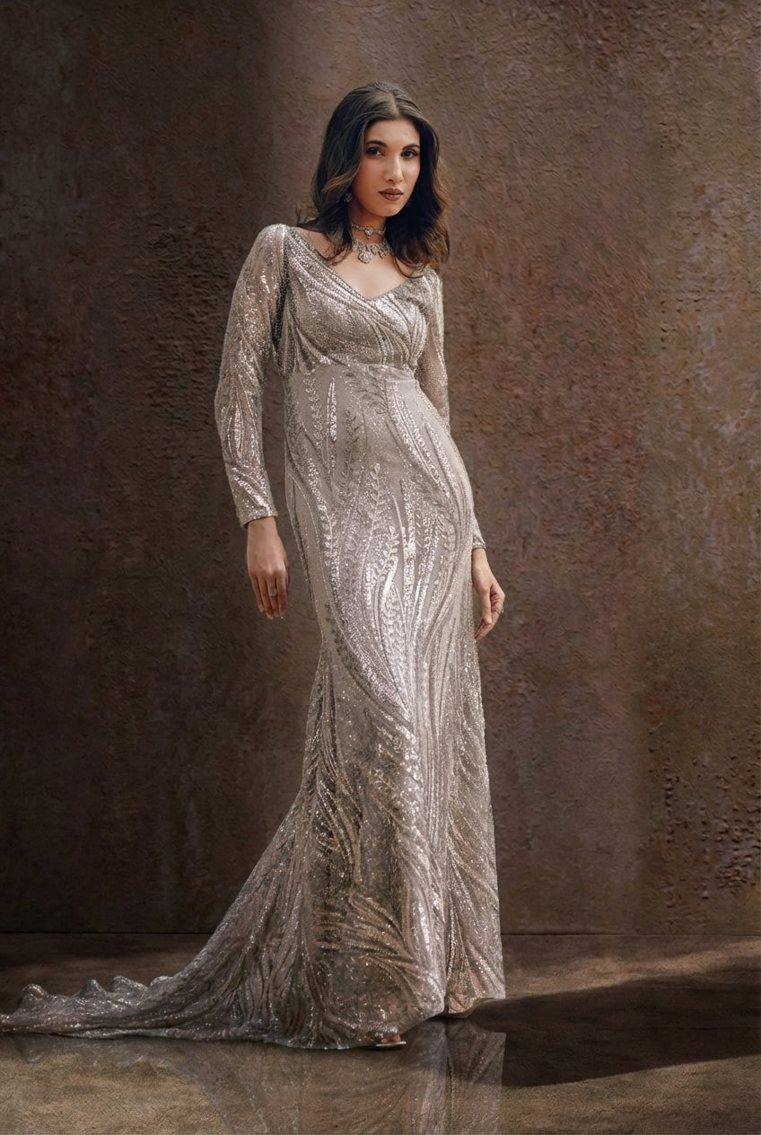 Silver Embellished Evening cocktail Gown